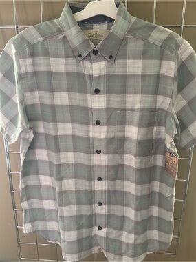 NWT Old Ranch Short-Sleeve Plaid Button-Down Shirt Sz L Cotton Sage/ Grey